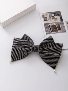Faux Pearl Decor Bow Design Hair Clip - Black and White - View 3