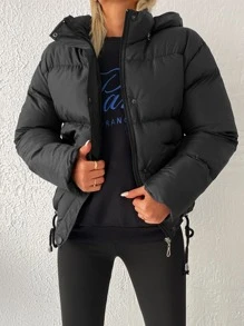 EURMUSE Zip Up Hooded Puffer Coat - Black - View 1