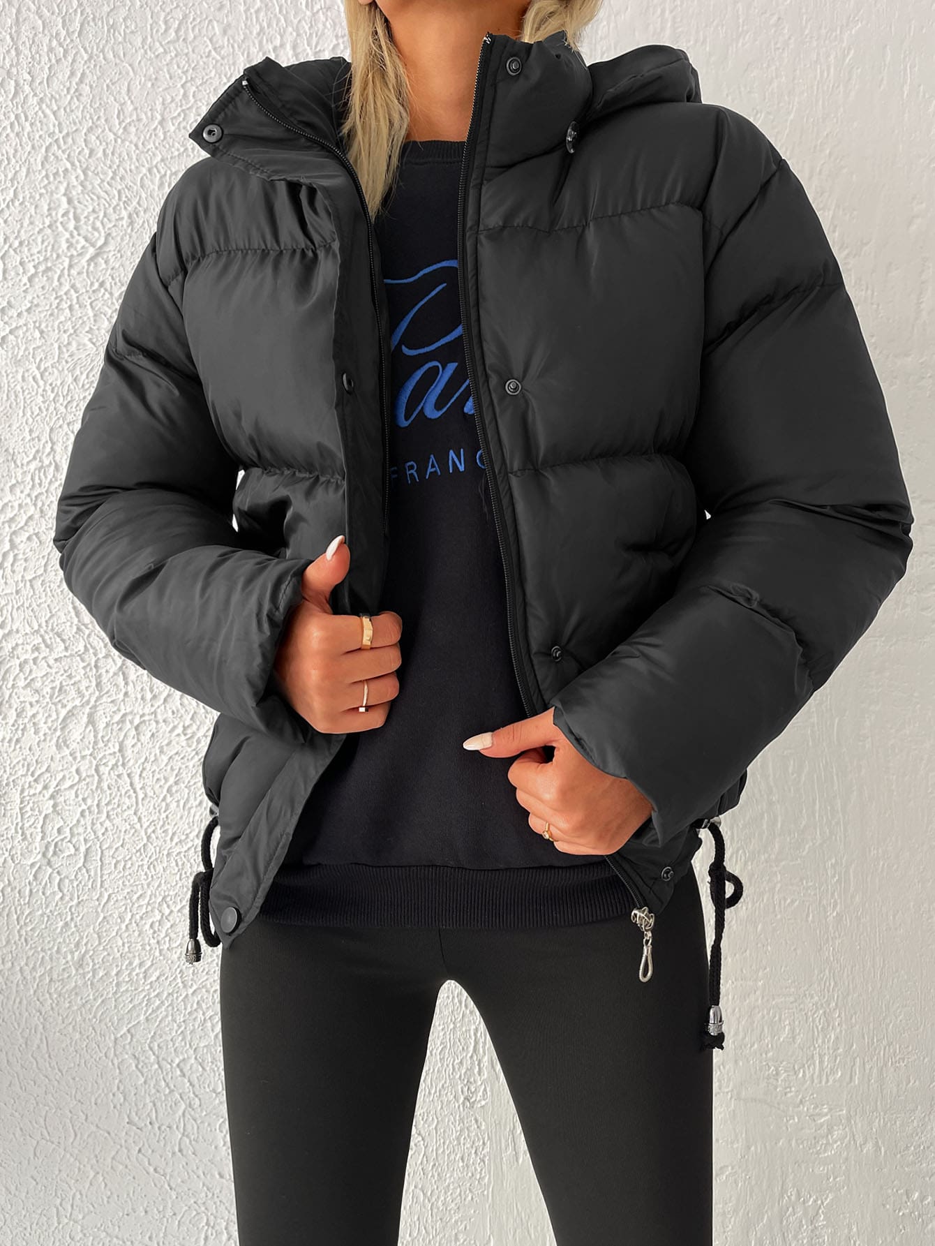 EURMUSE Zip Up Hooded Puffer Coat - Black - View 1