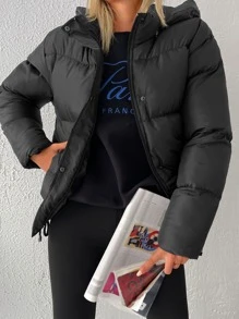 EURMUSE Zip Up Hooded Puffer Coat - Black - View 3