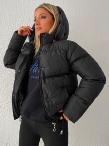 EURMUSE Zip Up Hooded Puffer Coat - Black - View 5