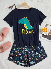 Conjunto de pijama con gráfico de cartas y dibujos animados, talla grande - Azul Marino - Ver 1