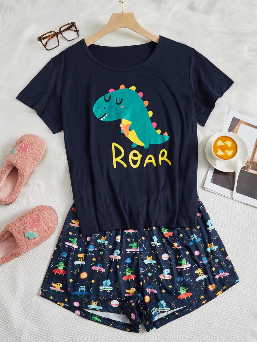 Conjunto de pijama con gráfico de cartas y dibujos animados, talla grande - Azul Marino - Ver 1