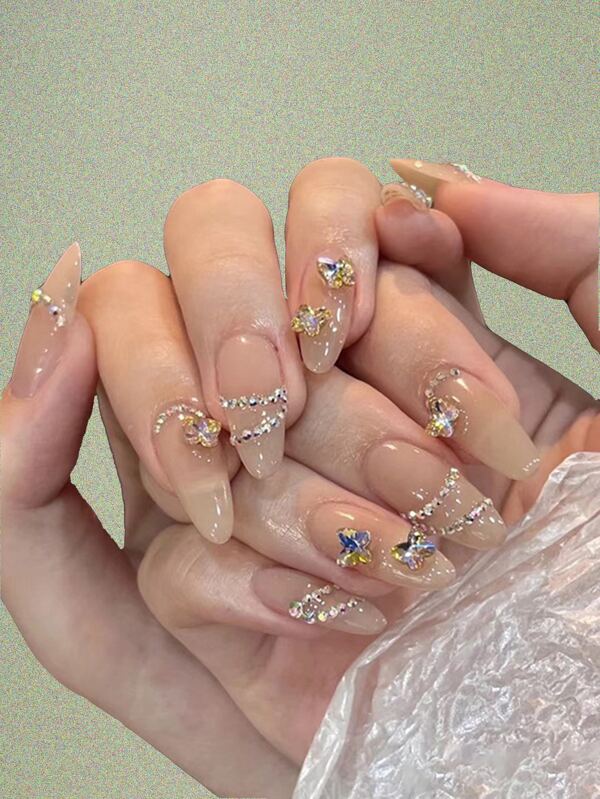 Fairycore 24pcs Long Oval Rhinestone Decor Fake Nail SHEIN EUR