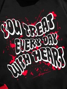 ROMWE MEN Hombres Capucha con estampado de letra manga de rayas con cordón - Negro - Ver 3