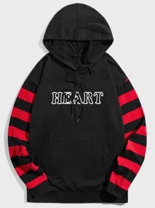 ROMWE MEN Hombres Capucha con estampado de letra manga de rayas con cordón - Negro - Ver 2