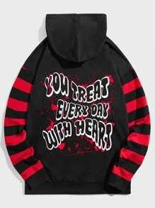 ROMWE MEN Hombres Capucha con estampado de letra manga de rayas con cordón - Negro - Ver 1