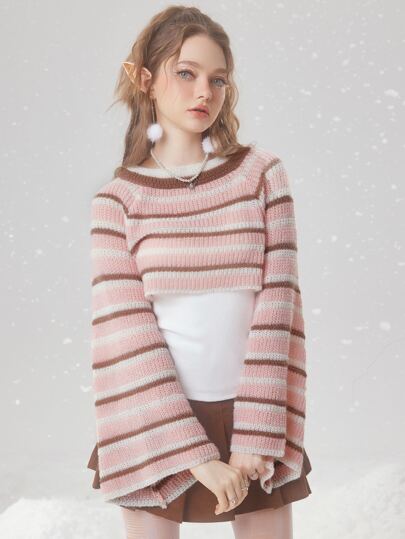 Kawaii Striped Pattern Bell Sleeve Sweater
