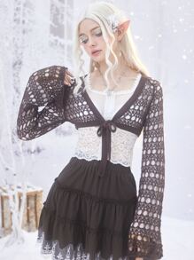 ROMWE Fairycore Hollow Out Tie Front Crop Cardigan - Coffee Brown - View 1