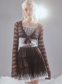 ROMWE Fairycore Hollow Out Tie Front Crop Cardigan - Coffee Brown - View 2