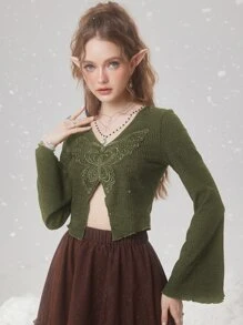 ROMWE Fairycore 蝴蝶貼布木耳邊T恤 - 軍綠色 - 查看 3