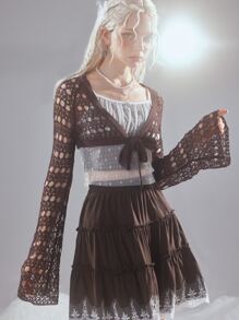 ROMWE Fairycore Hollow Out Tie Front Crop Cardigan - Coffee Brown - View 4