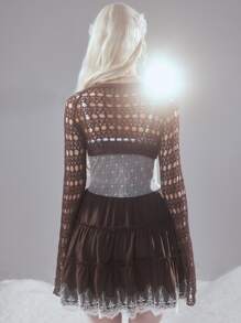 ROMWE Fairycore Hollow Out Tie Front Crop Cardigan - Coffee Brown - View 6