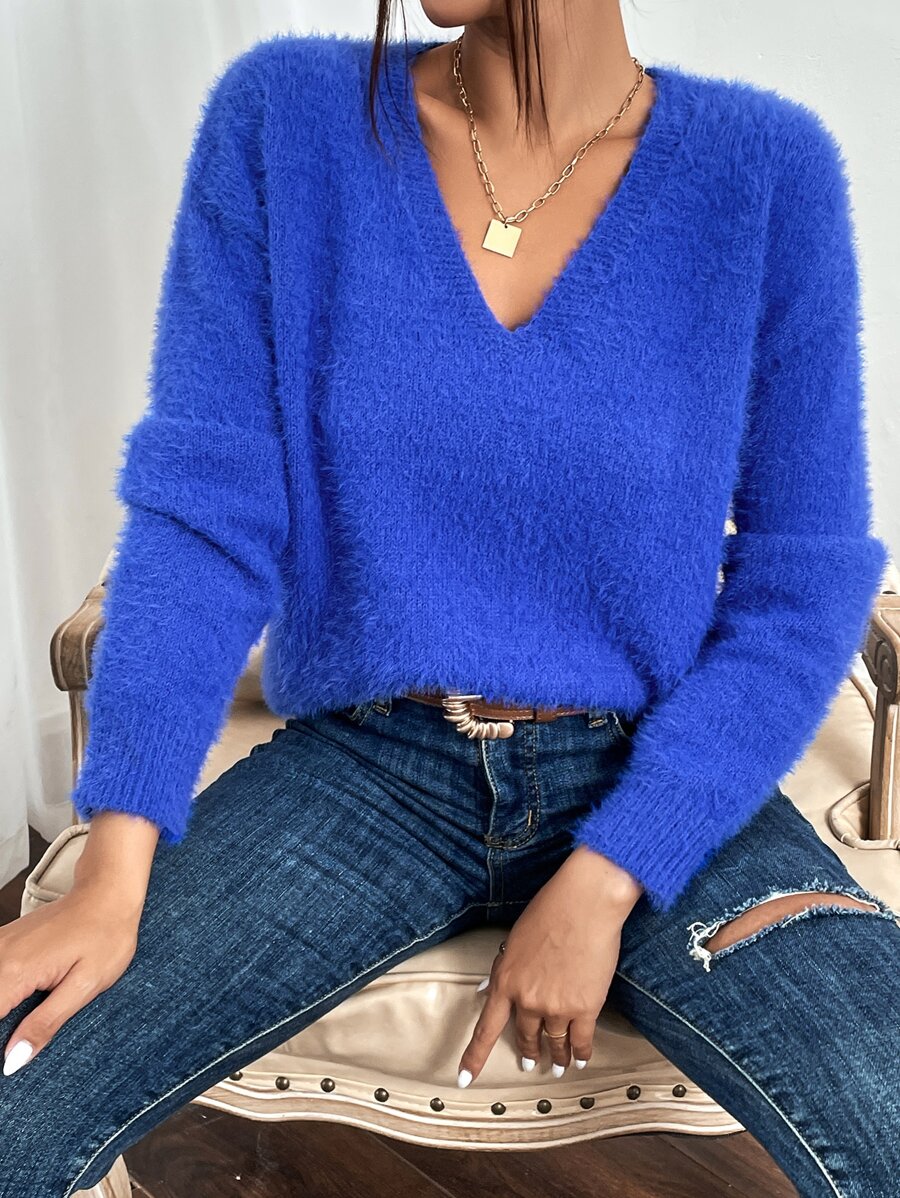 SHEIN Frenchy Jersey de cuello V de hombros caídos de peluche - azul real - Ver 1