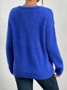 SHEIN Frenchy Jersey de cuello V de hombros caídos de peluche - azul real - Ver 2
