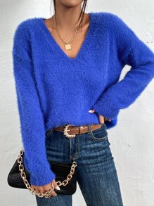 SHEIN Frenchy Jersey de cuello V de hombros caídos de peluche - azul real - Ver 3