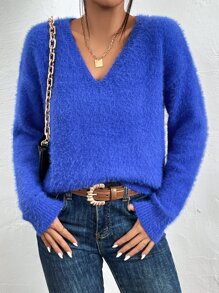 SHEIN Frenchy Jersey de cuello V de hombros caídos de peluche - azul real - Ver 6