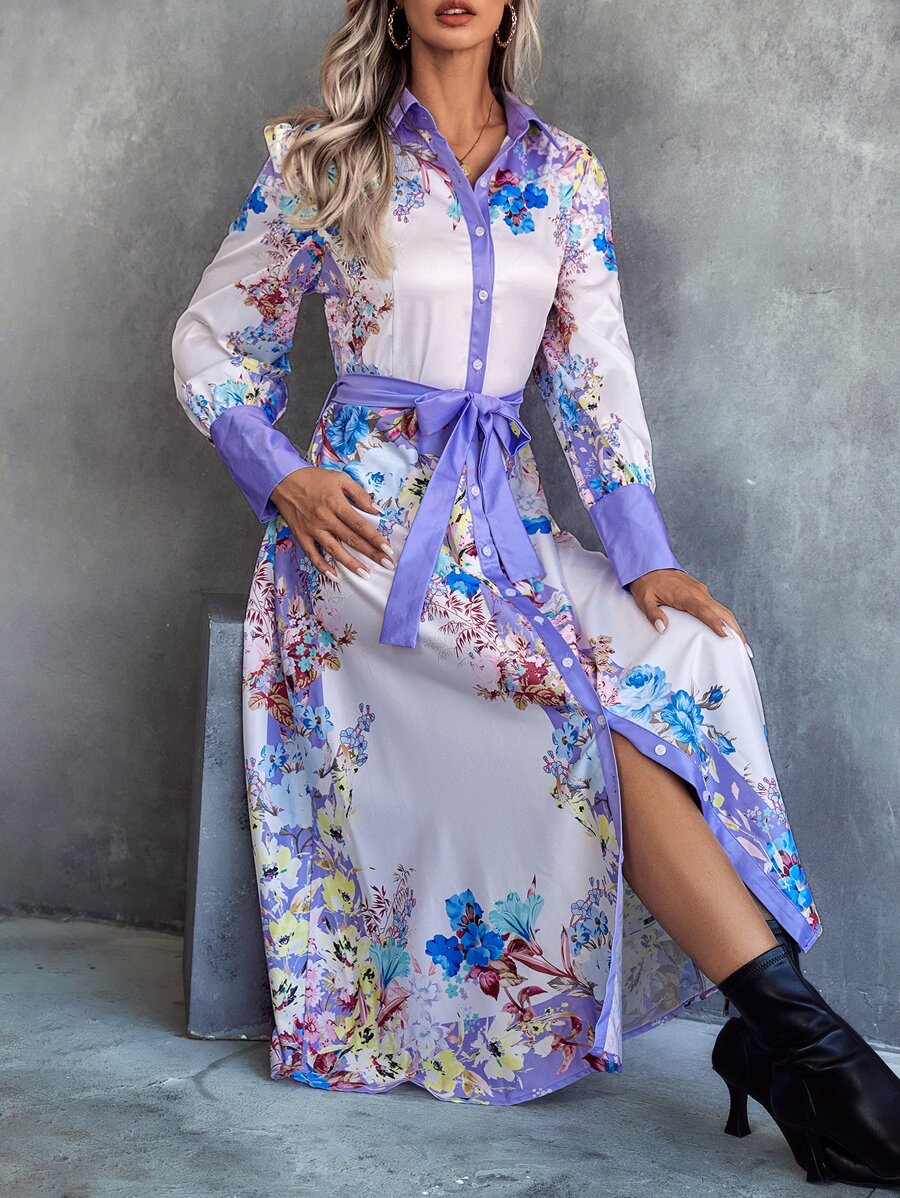 Floral Print Belted Shirt Dress - Multicolor - View 1