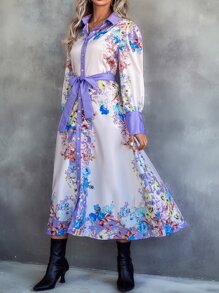 Floral Print Belted Shirt Dress - Multicolor - View 3