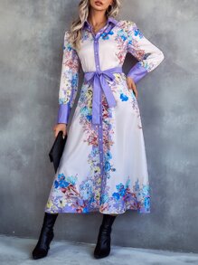 Floral Print Belted Shirt Dress - Multicolor - View 4