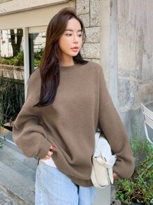 DAZY Solid Drop Shoulder Ribbed Knit Oversized Jumper