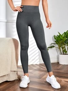 Easithlete 瑜伽打底褲無縫寬腰帶緊縮褶皺臀部訓練緊身褲 - 深灰色 - 查看 5