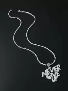 1 pieza Collar de colgante de letra 'NEVER GIVE UP' completamente adornado para hombre - Plateado - Ver 2