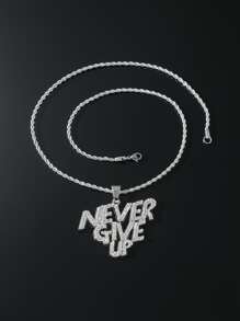 1 pieza Collar de colgante de letra 'NEVER GIVE UP' completamente adornado para hombre - Plateado - Ver 3