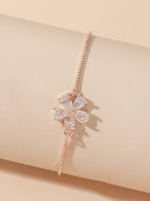 1 件可调节铜花形方晶锆石拉绳手链适合女性日常佩戴、约会和派对情人节 - 玫瑰金 - 查看 2