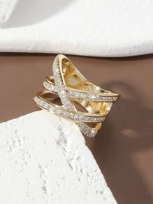 1入組奢華方晶鋯石交叉設計戒指適合女士適用於禮品適合派對宴會婚禮 - 金黃色 - 查看 2