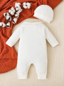 SHEIN Newborn Baby Boy Solid Knot Front Jumpsuit & Hat