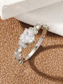 Cubic Zirconia Heart Decor Ring - Silver - View 1