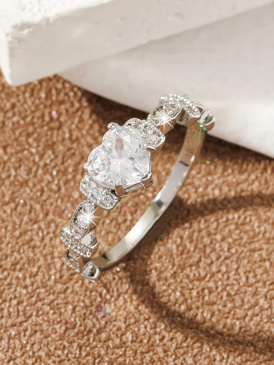 Cubic Zirconia Heart Decor Ring - Silver - View 1