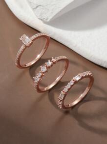 3 chiếc nhẫn đôi trang trí bằng đá khối Zirconia Biểu tượng vô hạn Nhẫn vĩnh cửu Nhẫn dây đeo đơn giản Bộ 3 món trang sức cao cấp cho phụ nữ Cô gái cho bữa tiệc tiệc cưới - Hoa hồng vàng - Xem 1