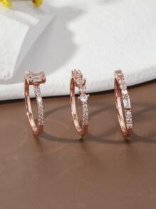 3 chiếc nhẫn đôi trang trí bằng đá khối Zirconia Biểu tượng vô hạn Nhẫn vĩnh cửu Nhẫn dây đeo đơn giản Bộ 3 món trang sức cao cấp cho phụ nữ Cô gái cho bữa tiệc tiệc cưới - Hoa hồng vàng - Xem 3