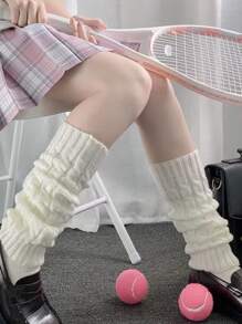 半双纯色麻花针织袜套，实用多功能 - 白色 - 查看 5