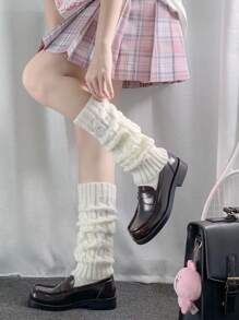 半双纯色麻花针织袜套，实用多功能 - 白色 - 查看 2