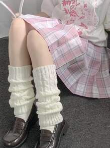 半双纯色麻花针织袜套，实用多功能 - 白色 - 查看 8