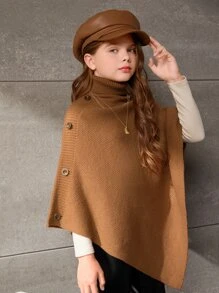 SHEIN 1pc Tween Girl Turtleneck Button Detail Poncho Sweater - Brown - View 1