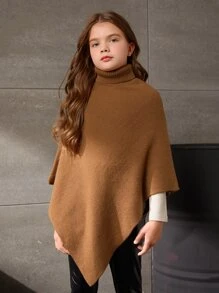 SHEIN 1pc Tween Girl Turtleneck Button Detail Poncho Sweater - Brown - View 3