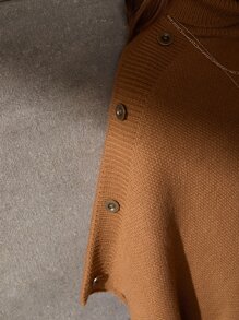 SHEIN 1pc Tween Girl Turtleneck Button Detail Poncho Sweater - Brown - View 4