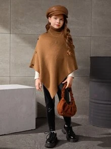SHEIN 1pc Tween Girl Turtleneck Button Detail Poncho Sweater - Brown - View 5