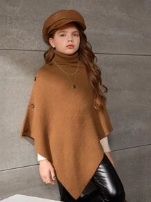 SHEIN 1pc Tween Girl Turtleneck Button Detail Poncho Sweater - Brown - View 6