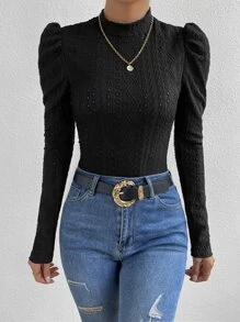 SHEIN Essnce Áo liền quần ôm nữ Tranh thêu màu trơn Thanh lịch - màu đen - Xem 3