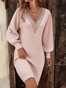 SHEIN LUNE Guipure Lace Insert Lantern Sleeve Jumper Dress - Baby Pink - View 1