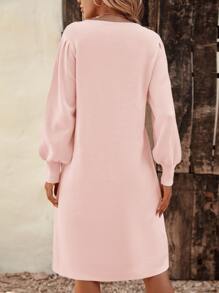 SHEIN LUNE Guipure Lace Insert Lantern Sleeve Jumper Dress - Baby Pink - View 2