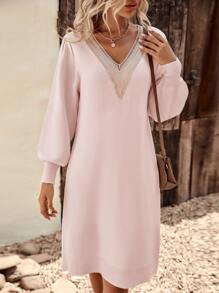 SHEIN LUNE Guipure Lace Insert Lantern Sleeve Jumper Dress - Baby Pink - View 3