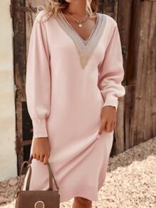 SHEIN LUNE Guipure Lace Insert Lantern Sleeve Jumper Dress - Baby Pink - View 4