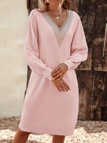 SHEIN LUNE Guipure Lace Insert Lantern Sleeve Jumper Dress - Baby Pink - View 5