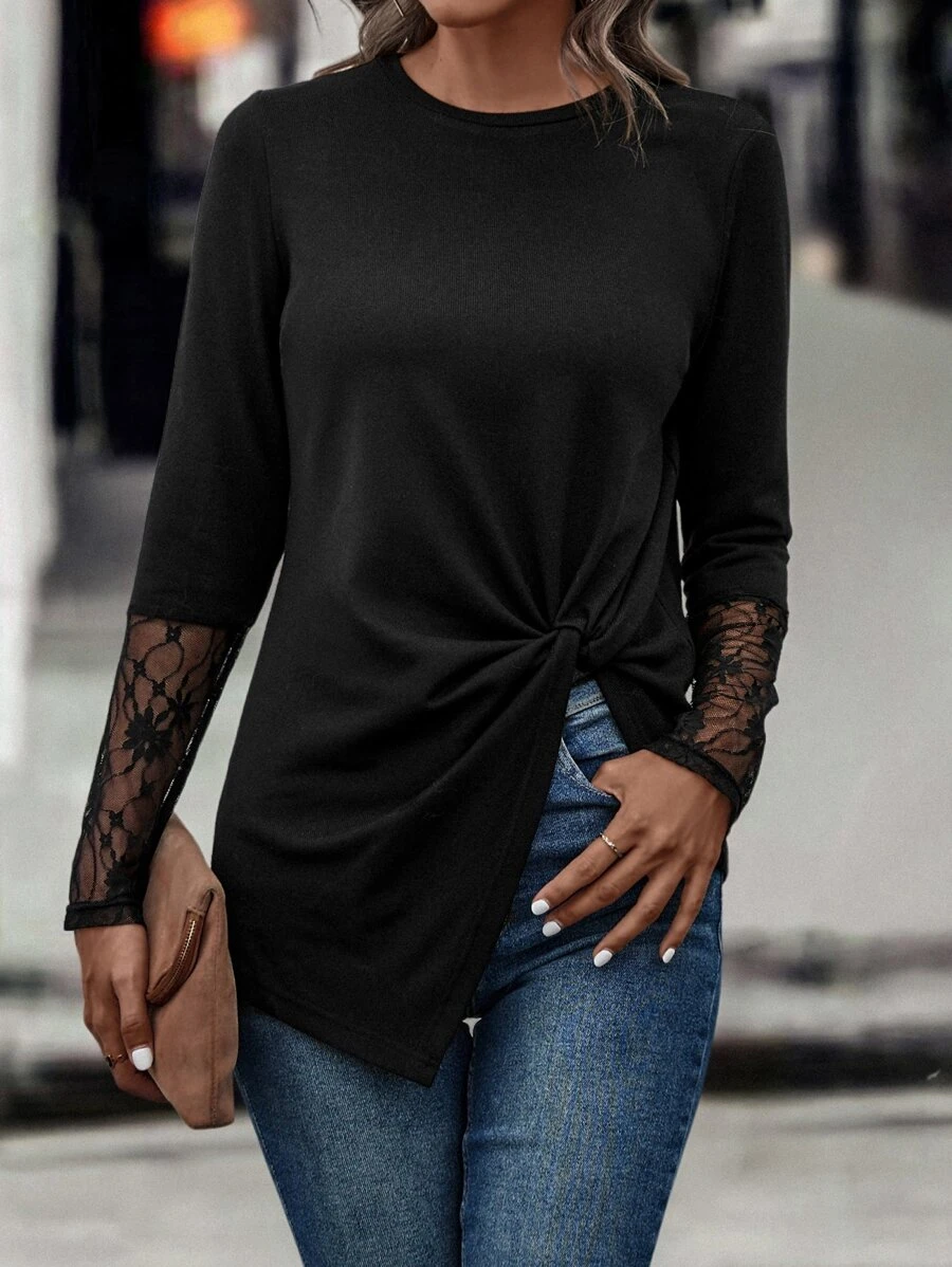 Floerns Women's Plus Size Contrast Lace Tee - Short Sleeve, Asymmetrical Hem, Casual Top - View #3